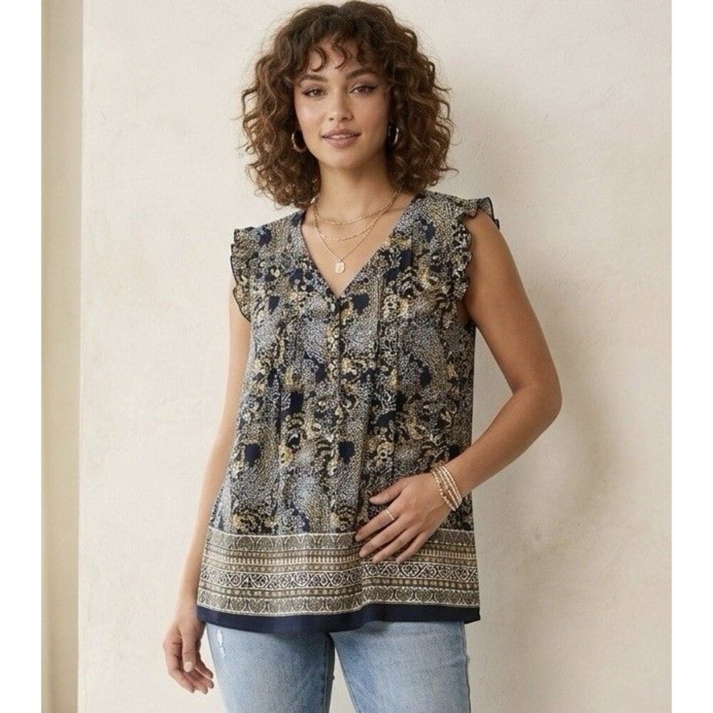PerSeption Concept Paisley Boho Ruffle Sleeve Blouse XL Navy Gold V-Neck Pleated